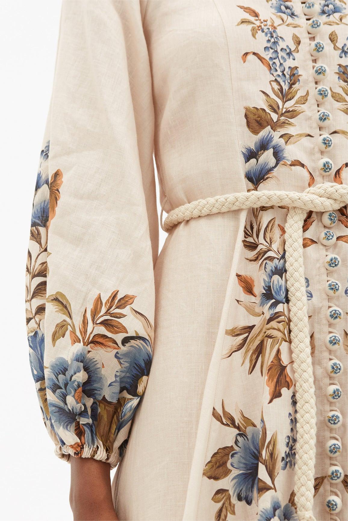 Lantern Sleeve Stand Collar Lace Up Midi Dress