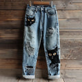 Comstylish Women's Halloween Black Cats And Spiderwebs Vintage Embroidery Washed Jeans