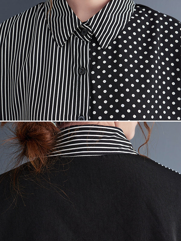 Loose Oversize Striped Polka-dot Split-joint Blouse Top A-line Skirt Bottom Two Pieces Set
