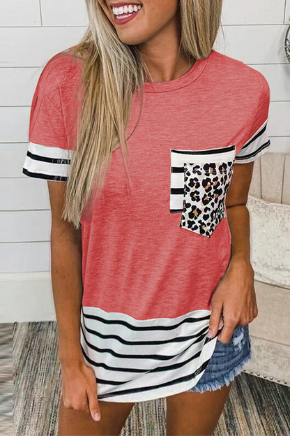 Striped Leopard Split Joint Pocket O Neck T-shirts(10 Colors)
