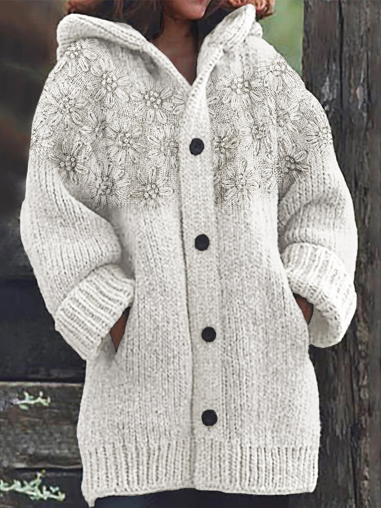 Classy 3d Floral Yoke Jacquard Cozy Knit Hooded Cardigan artswardrobe
