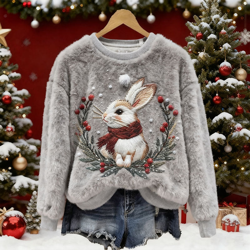 Women's Christmas Bunny Embroidery Pattern Plush Sweatshirt