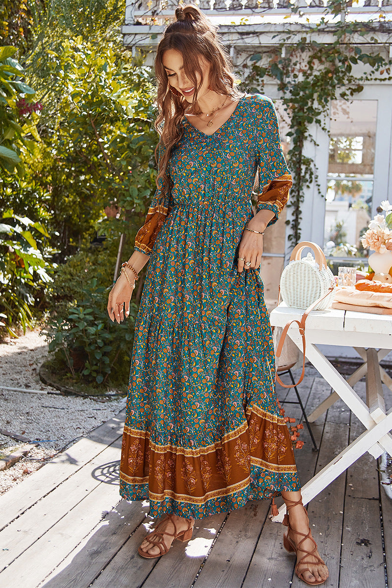 Print Puff Sleeve Loose Maxi Dress