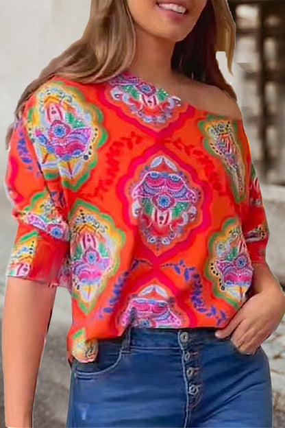 Work Print Patchwork Oblique Collar T-shirts