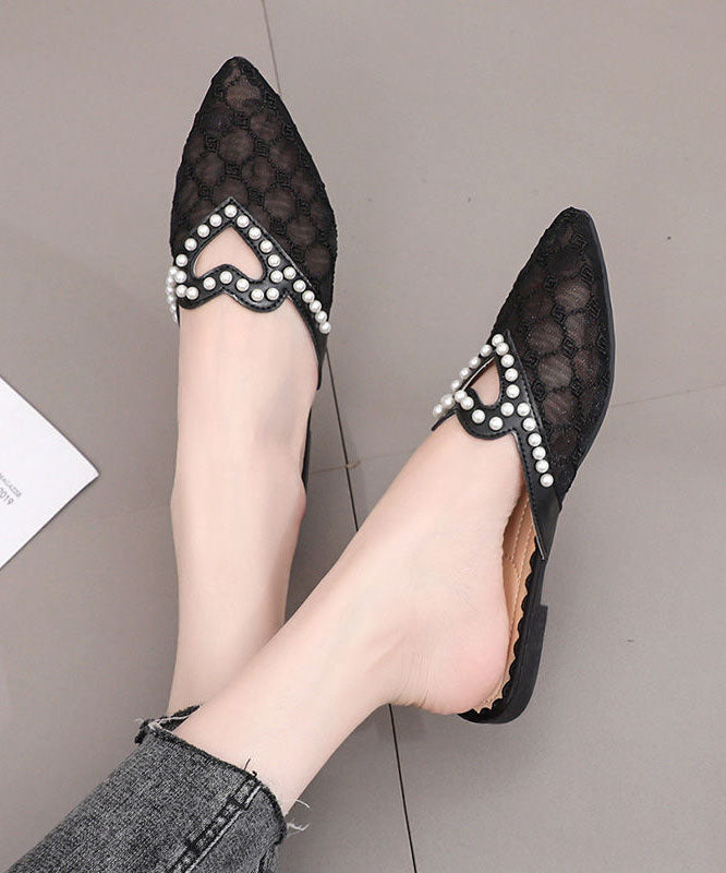 Stylish Black Breathable Mesh Splicing Slide Sandals Nail Bead Jj051