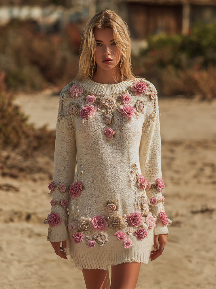 Vintage Boho Three-dimensional Floral Women's Knitted Mini Dress artswardrobe