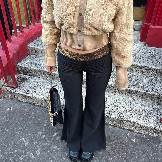 Cutenova Fashionable Leopard Print Patchwork Low Waist Flared Pants for to Slim Down Spring Color Pant