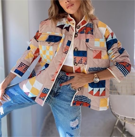 Autumn Winter Printing Cotton Padded Clothing Artistic Retro Loose Single Breasted Cardigan