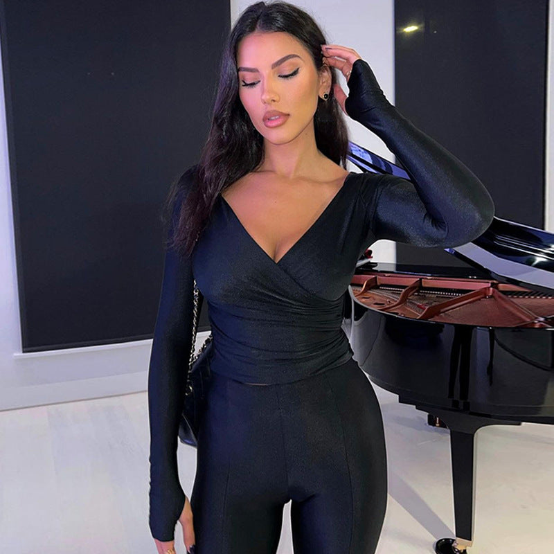 ’s Autumn V Neck Long Sleeve Top and Slimming Pants Set