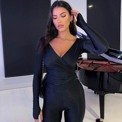 ’s Autumn V Neck Long Sleeve Top and Slimming Pants Set