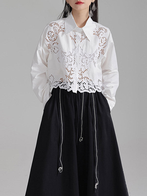 Long Sleeves Loose Buttoned Hollow Color Lapel Blouses&shirts Tops