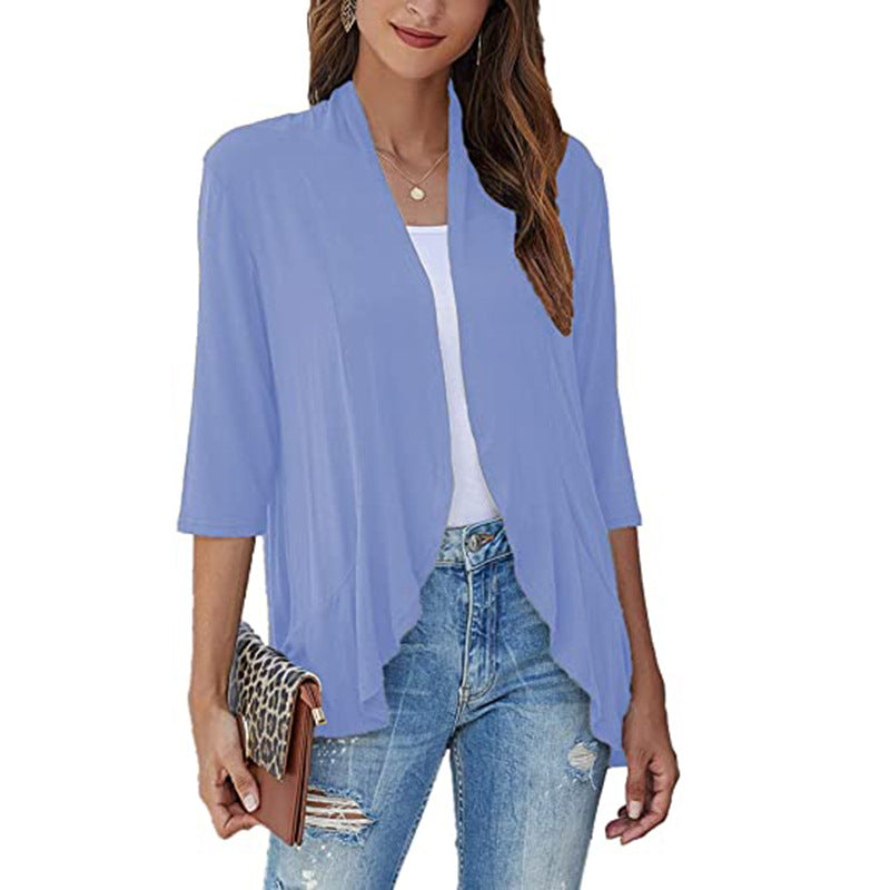 Clothing Autumn Color Cardigan 3/4 Sleeve Ruffle Top
