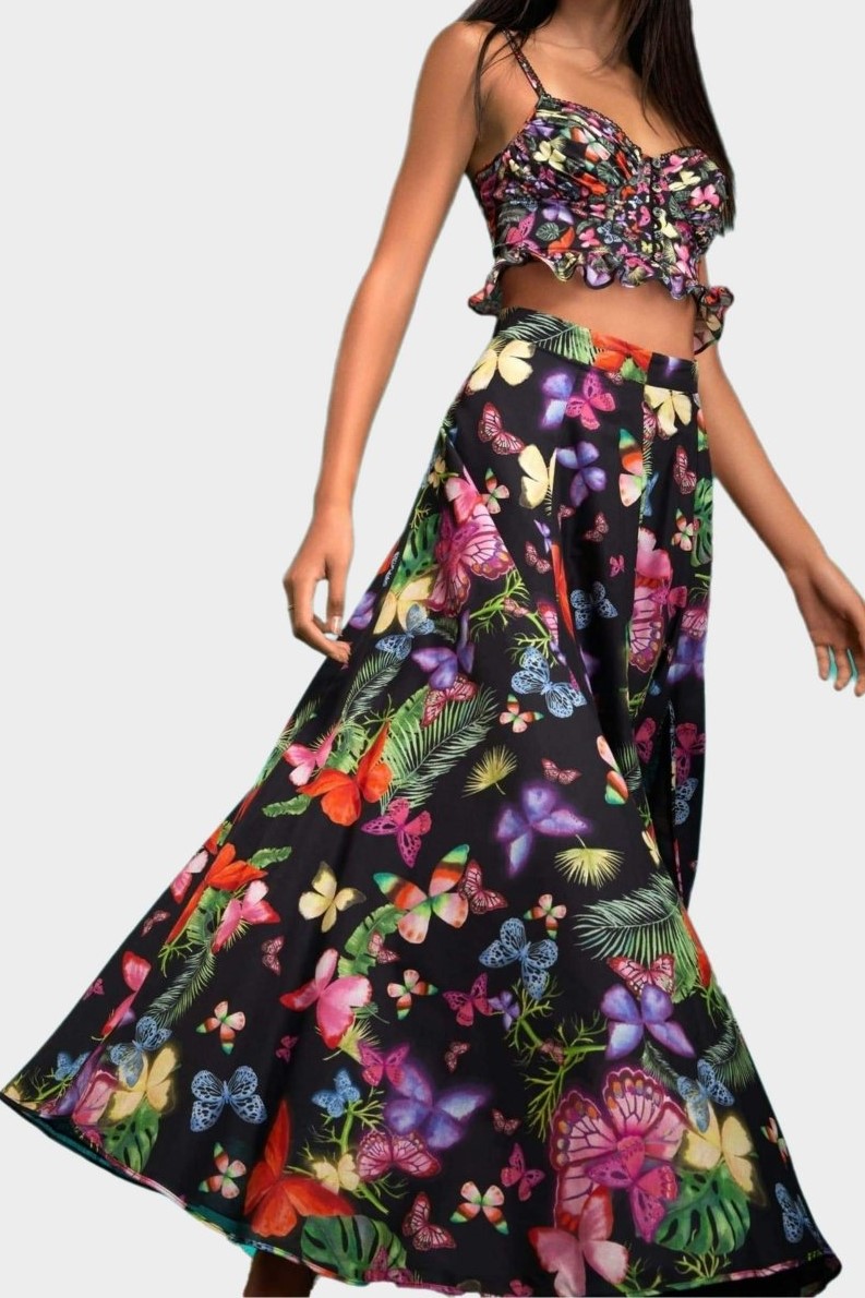 Butterfly Print Frill Mini Top ?high Waist Split Midi Skirt Set