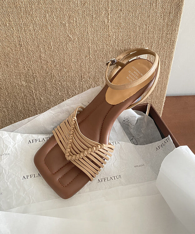 Fine Splicing Buckle Strap Chunky Sandals Brown Faux Leather Oi032