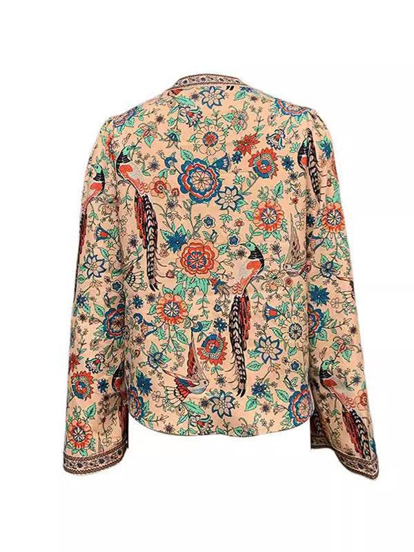 Flared Sleeves Long Sleeves Flower Print V-neck Blouses&shirts Tops