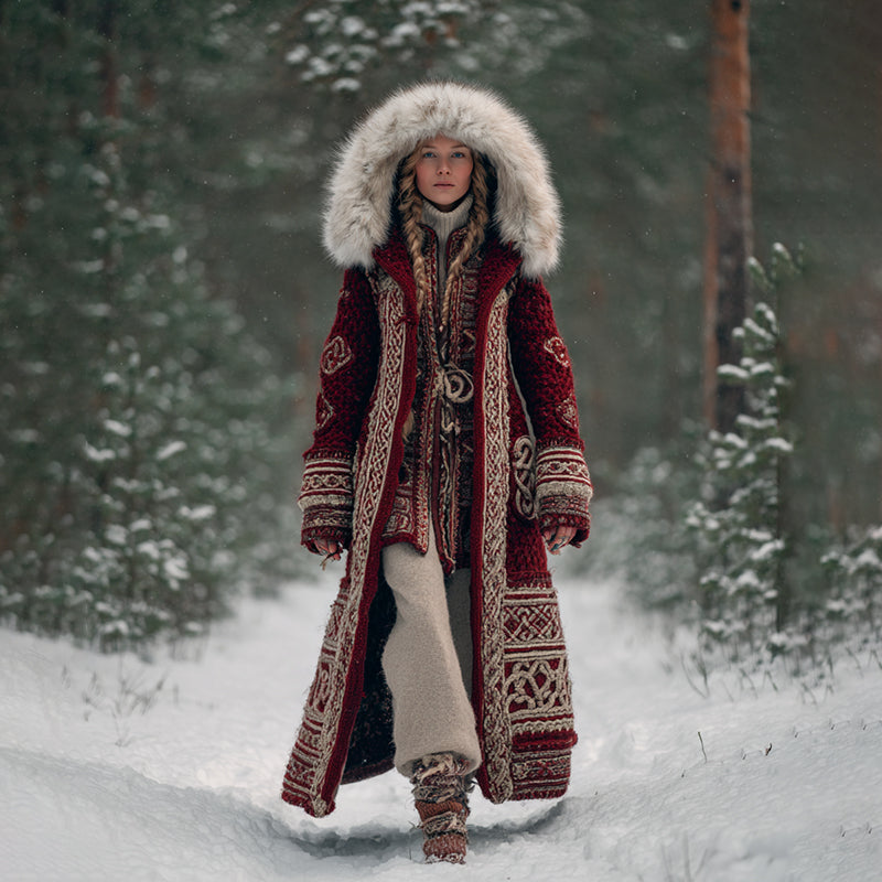Comstylish Women's Vintage Viking Celtic Knot Art Knit Cozy Fur Collar Hooded Cardigan