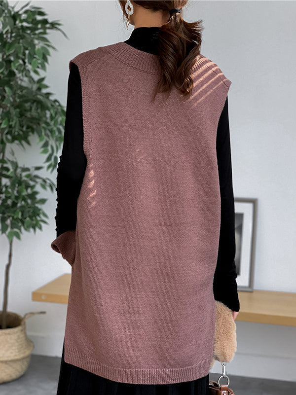 Sleeveless Split-side Color V-neck Knitted Vest