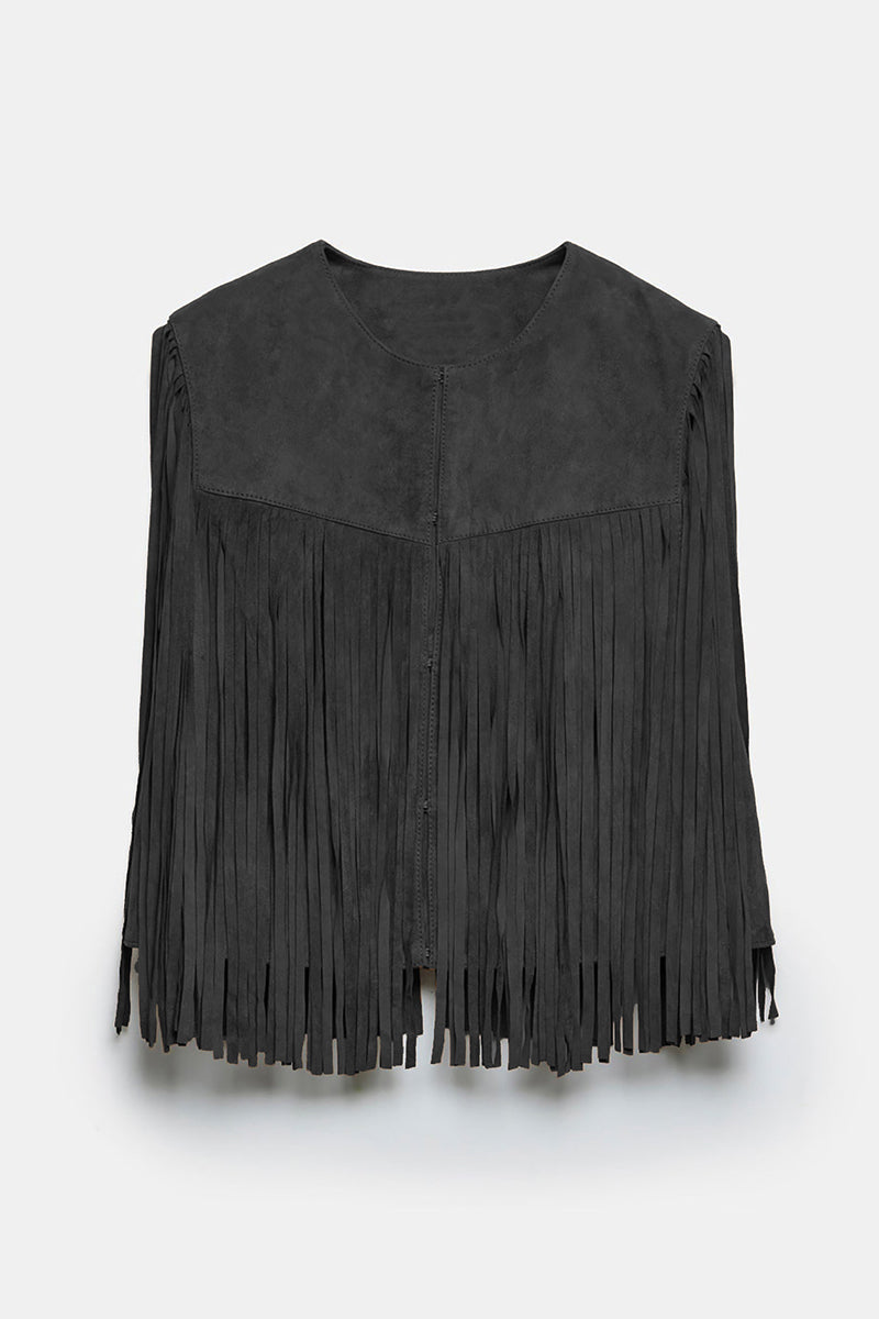 Street Color Fringed Trim O Neck Waistcoats
