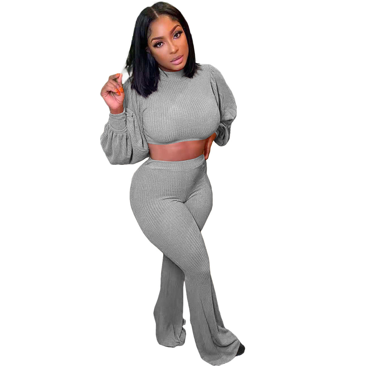 Urban Color Turtleneck Puff Sleeve Cropped Bell Bottom Pants Two Piece Set – Street Style Outfit
