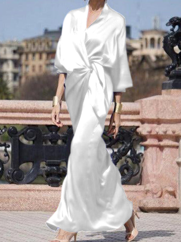 Half Sleeves Loose Color V-neck Maxi Dresses