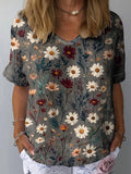 Spring Daisy Field Pattern Printed Women's Casual Cotton And Linen Shirt