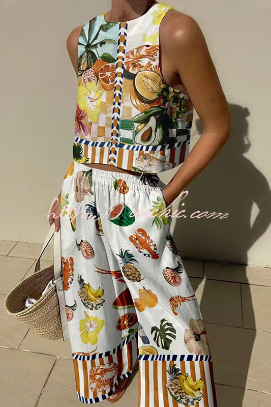 Comforts Linen Blend Tropical Fruit Print Tank and Elastic Waist Pocketed Pants Set