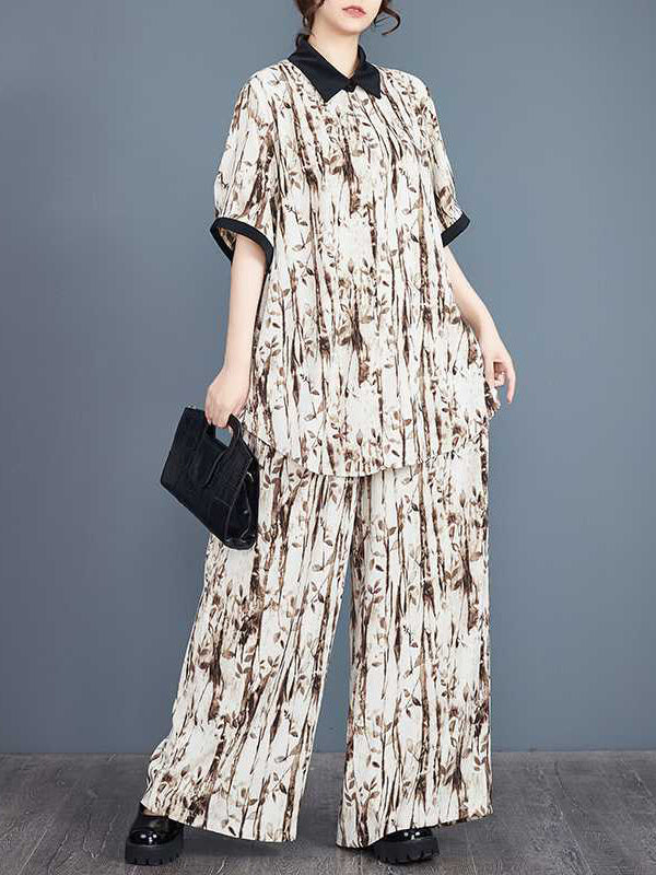 Half Sleeves High-low Buttoned Pleated Printed Split-side Lapel Blouses Top + Elasticity Pants Bottom Two Pieces Set
