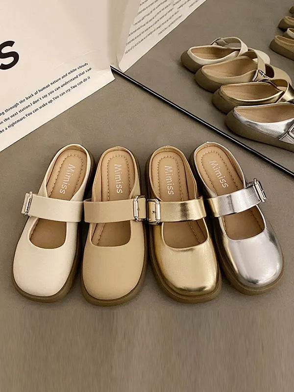 Belt Buckle Round-toe Shallow Cut Split-joint Platform Shoes Slippers&mules