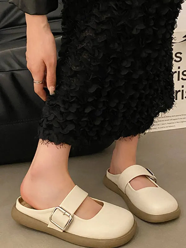 Belt Buckle Round-toe Shallow Cut Split-joint Platform Shoes Slippers&mules