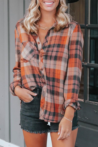 Plaid Patchwork Turndown Collar Tops