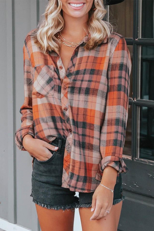 Plaid Patchwork Turndown Collar Tops
