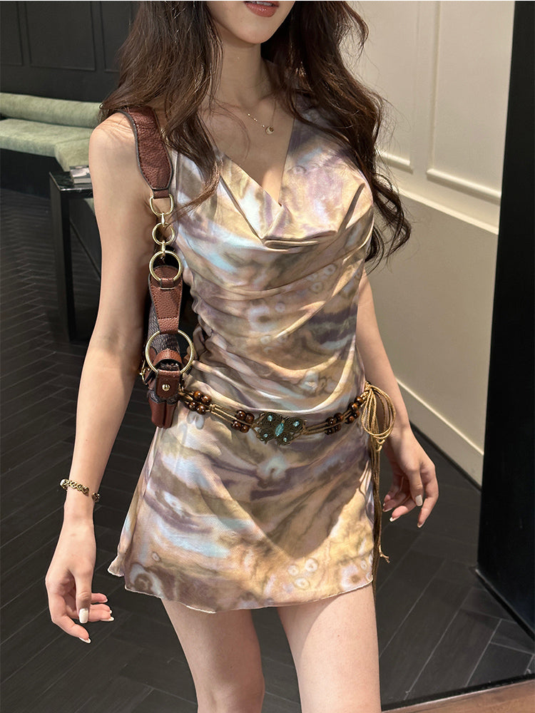 Tie Dye Sling Dress for ’s Y2k Clothing Summer Aesthetics Girdle Mini Dresses Spicy Girl A-line Mesh Bodycon Dress