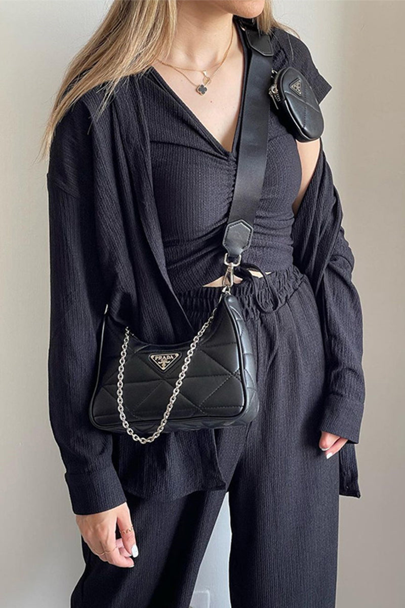 Draw String Fold Turndown Collar Long Sleeve Three Pieces(shirt Vest Trousers)