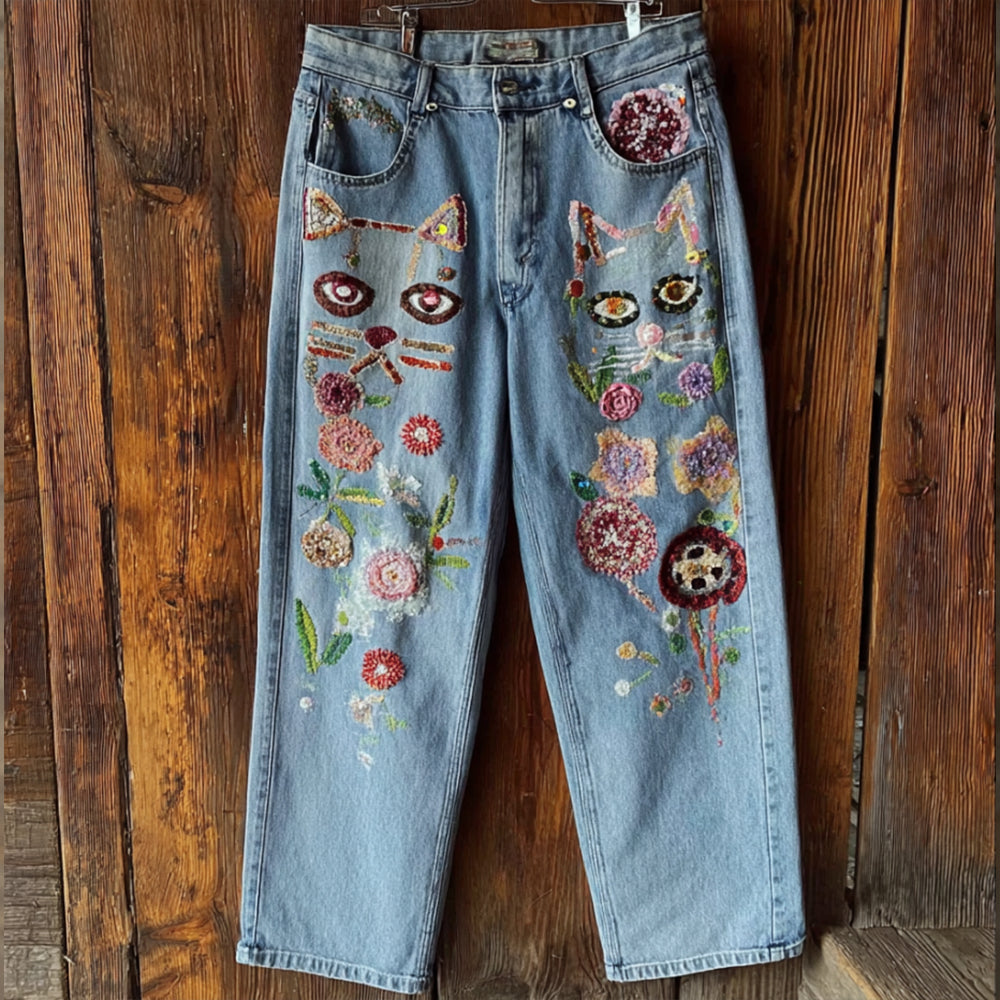 Comstylish Women's Bohemian Style Small Cat Pattern Floral Pants