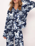Women's Casual Blue Poodle Dog Silky Satin Pajama Set artswardrobe