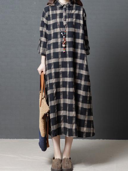 Loose Plaid Ramie Cotton Blouse Midi Dresses