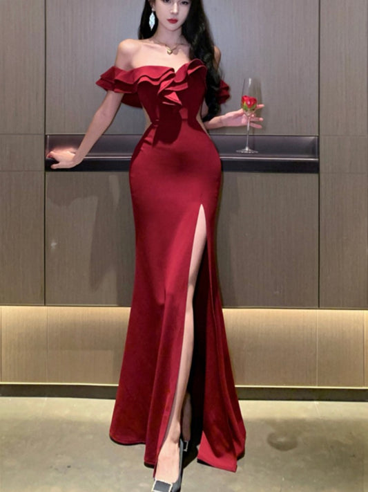 Bodycon Long Dresses for Wedding Evening Party Prom Robe Ruffles Slash Neck High Split Hollow Out Summer New Vestido