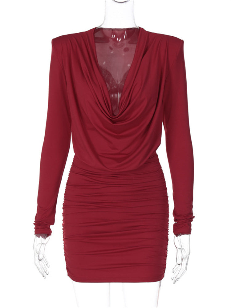 Tossy Pleated V-neck Mini Dress Female Long Sleeve Slim High Waist Patchwork Clothes ’s Party Dress