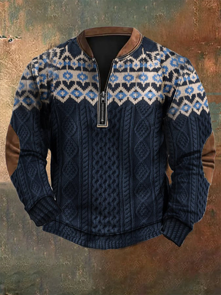 Men's Vintage Knit Print Zip-Up Sweatshirt elevenforest