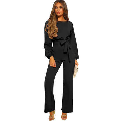 Spring Autumn Color Jumpsuit Pullover Long Sleeve Waist Wide Leg Pants