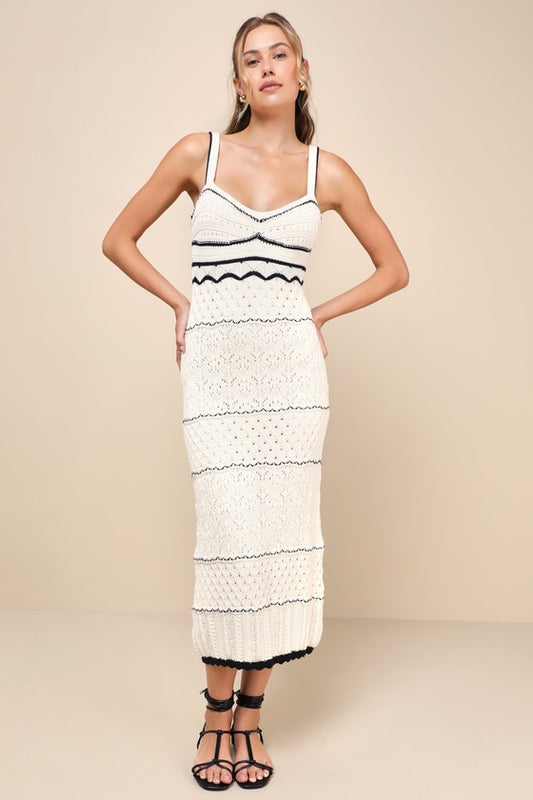 Crochet Sweetheart Neck Split Midi Dress