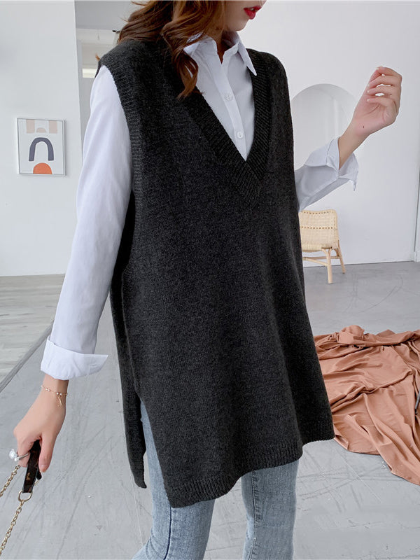 Sleeveless Split-side Color V-neck Knitted Vest