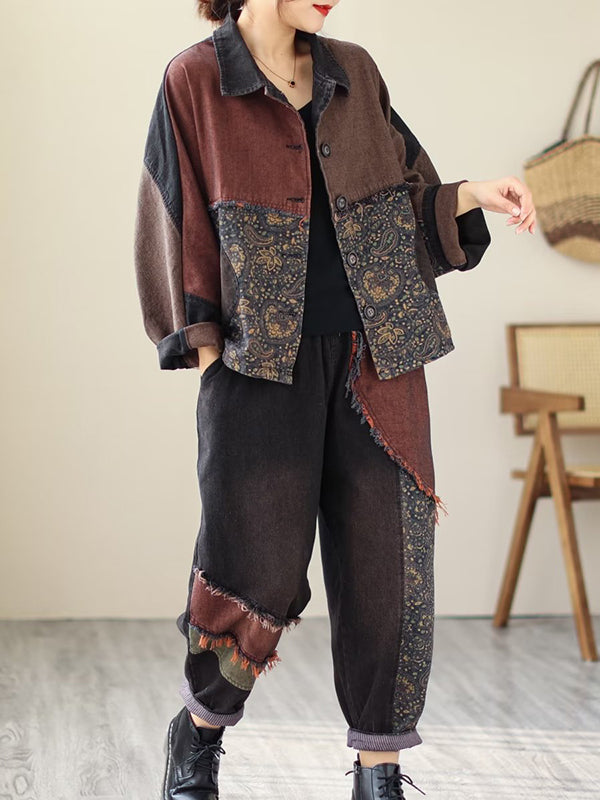 Contrast Color Fringed Split-joint Long Sleeves Printed Outwear + Harem Pants Two Pieces Set