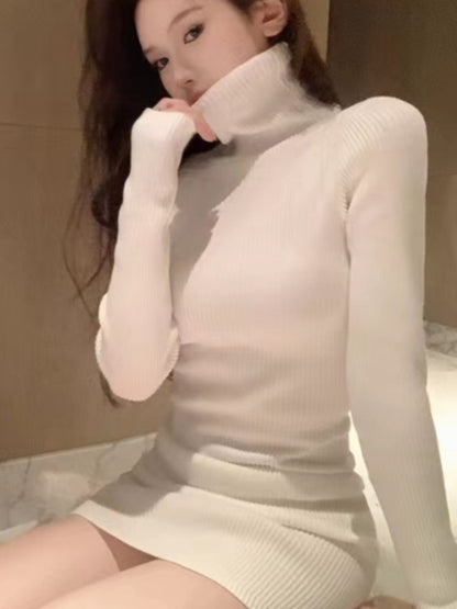 Korean Style Knitted Dress Long Sleeve Turtleneck Autumn Simple Mini Dresser Y2k Wrap Hip Vestidos New