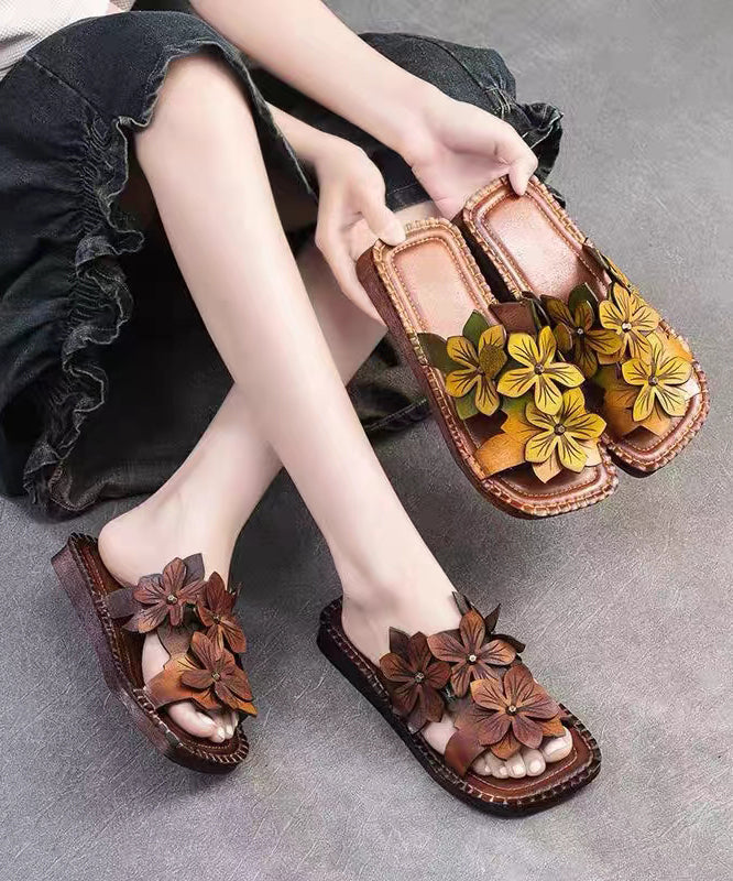 Handmade Cowhide Leather Yellow Green Slide Sandals Oi025