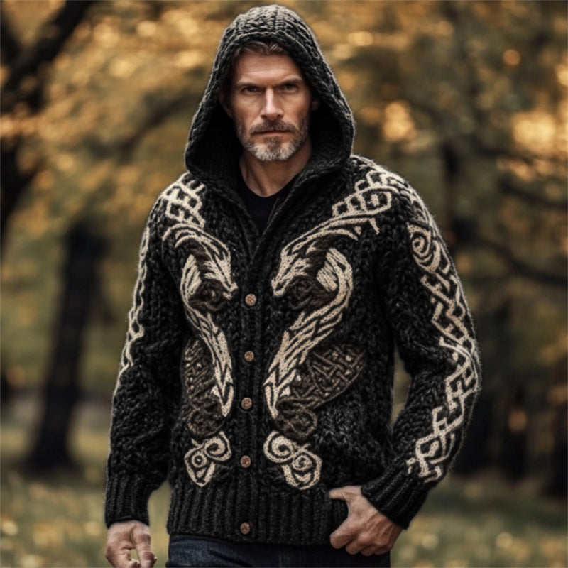 Men's Viking Wolf Celtic Chunky Hooded Cardigan elevenforest