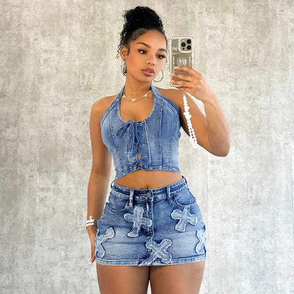 Summer Denim Embroidery Set Sleeveless Bandage Hollow Backless Tops Bodycon Mini Skirts Two Piece
