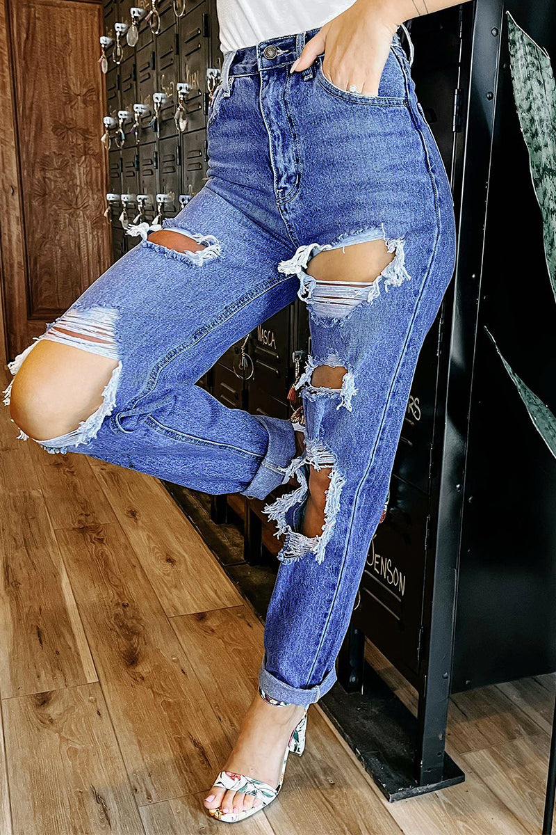 Ripped Pocket High Waist Loose Denim Jeans