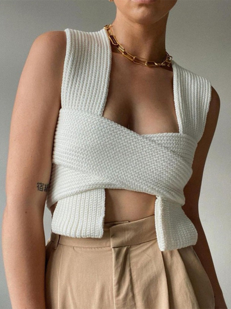Sleeveless Knitted Crop Sweater Autumn Summer Vest Black White Jumper Top Female Pullover