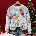 Women's Christmas Floral And Bird Art Print Crew Neck Plush Sweatshirt